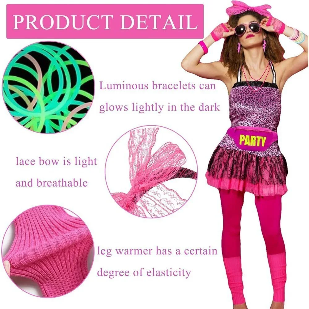 80s Accessories Women Pack Vintage Earrings Necklace Gloves Leg Warmers